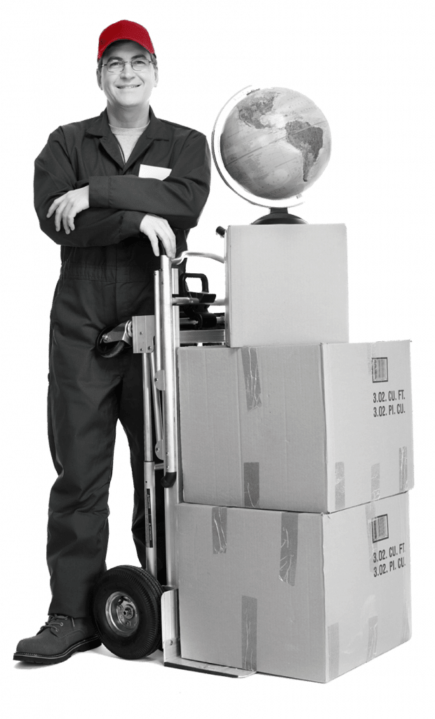 Delivery professional with a hand truck of packages and a globe, representing global shipping and logistics services.